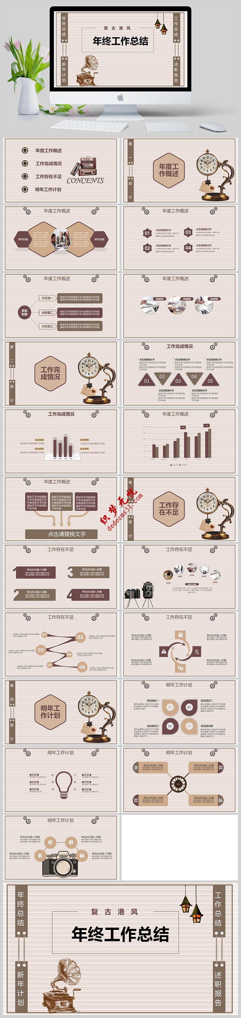 復(fù)古港風(fēng)年終工作總結(jié)述職匯報PPT模板下載