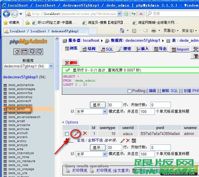 使用phpmyadmin打開dede_admin數(shù)據(jù)表