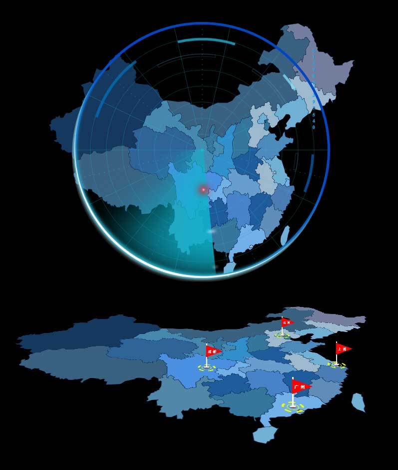 html5 canvas中國地圖雷達(dá)掃描動(dòng)畫特效(圖1)